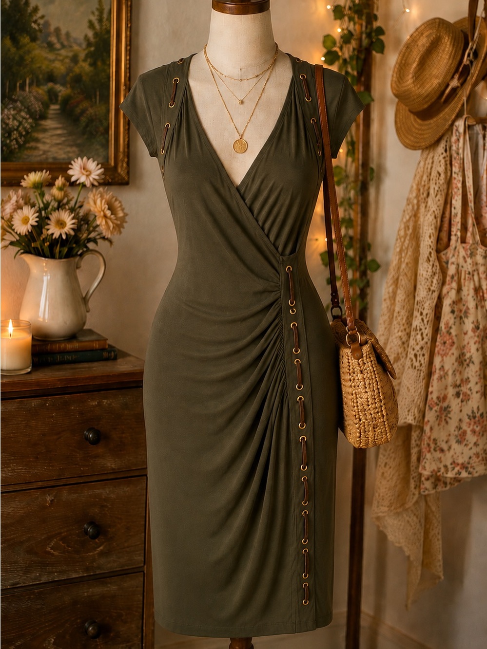 Carmen Marc Valvo Olive Green Ruched Wrap Dress XL